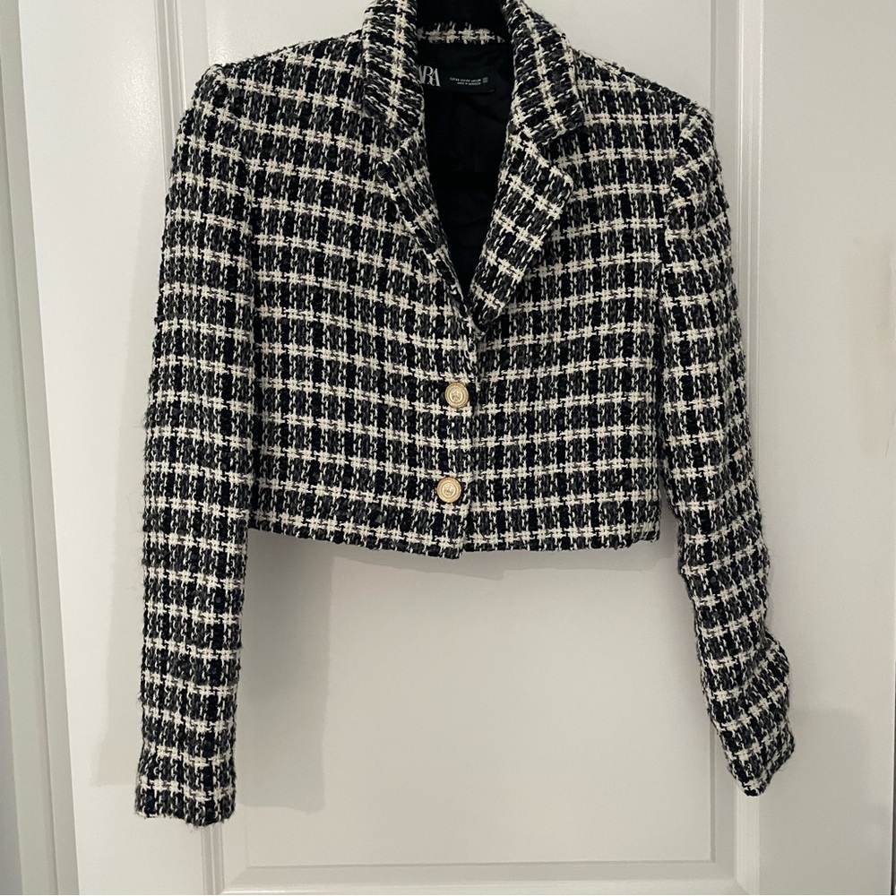 Zara Cropped Tweed Blazer Size XS Black Academia Classic Preppy office 3 - Picture 3 of 7